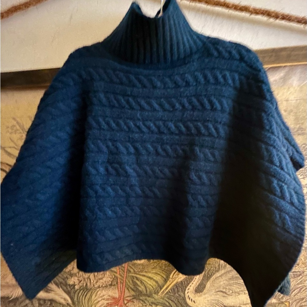 * Anthropologie Navy Teal Blue Cable Knit Turtleneck Poncho *